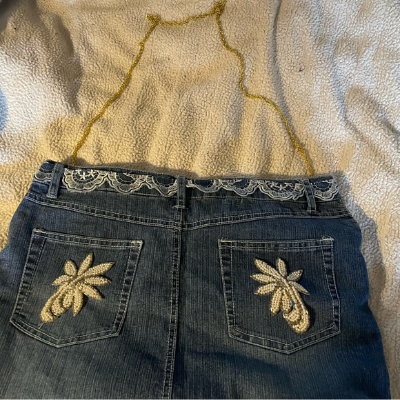 Handcrafted Embroidered Denim crossbody bag with Lace 12x18 can customize strap - Picture 2 of 2